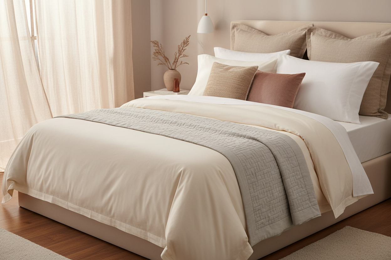 Beatiful bed room with focus on bedhsheet and pillows