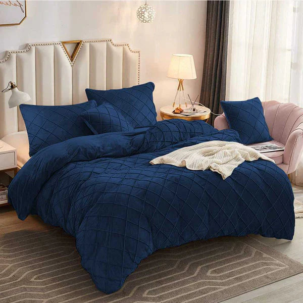 Cross Pleated Duvet Set Velvet - King / Blue