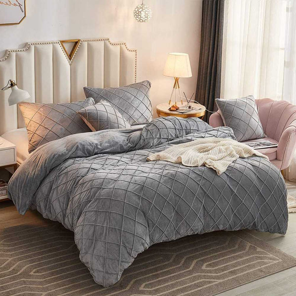 Cross Pleated Duvet Set Velvet - King / Grey