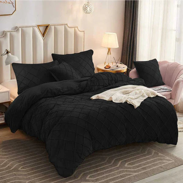 Cross Pleated Duvet Set Velvet - King / Black