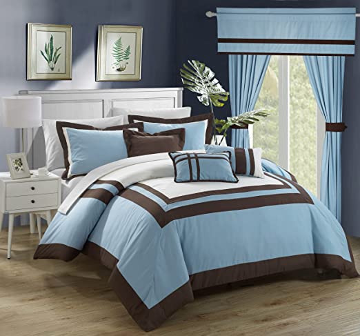 Embellish Patch Pleated Duvet - Sky & Brown