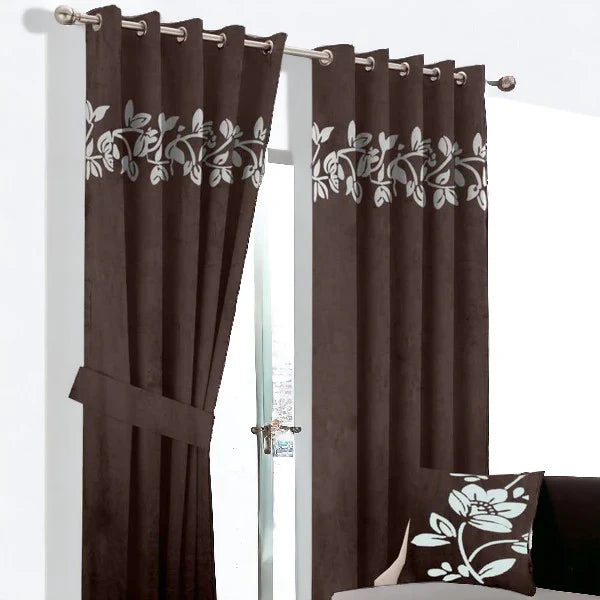 Floral Velvet Curtain - Brown & White
