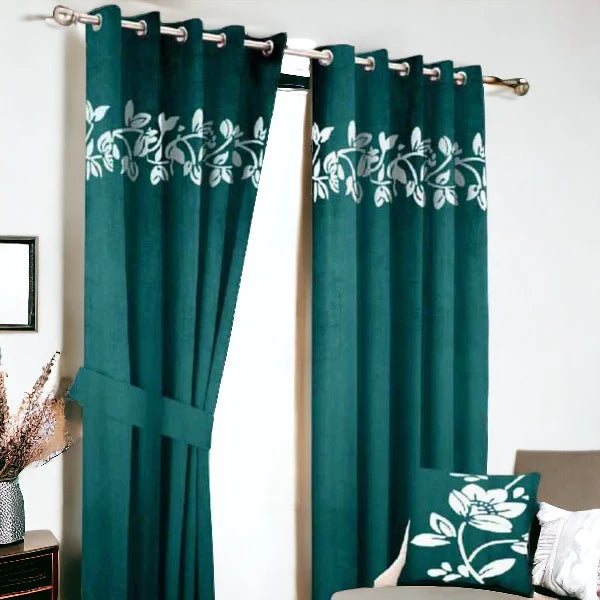 Floral Velvet Curtain - Green & White