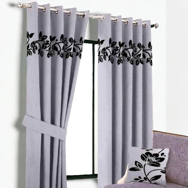 Floral Velvet Curtain - Grey & Black