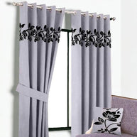 Floral Velvet Curtain - Grey & Black