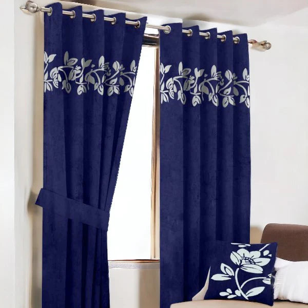 Floral Velvet Curtain - Blue & White