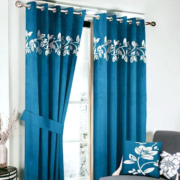 Floral Velvet Curtain - Zinc & White
