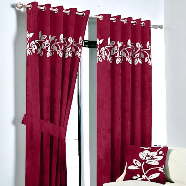 Floral Velvet Curtain - Maroon & White
