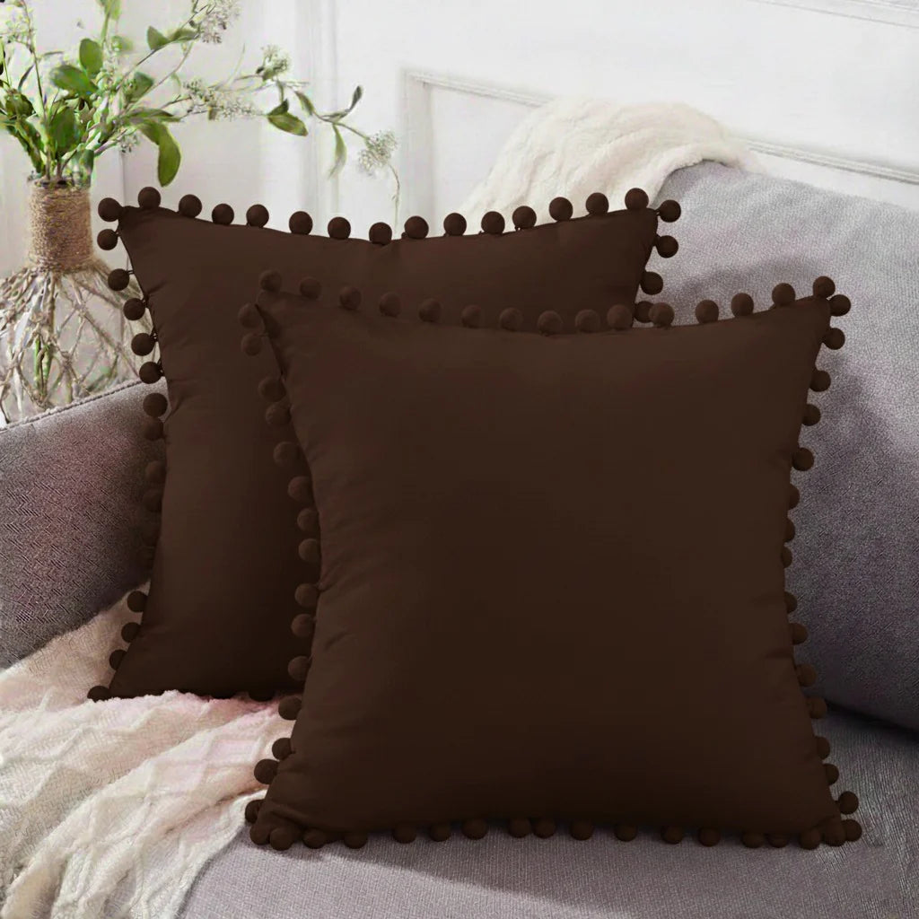 Pom Trim Cushion (Pair) - Brown / Cover only