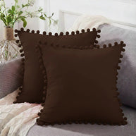 Pom Trim Cushion (Pair) - Brown / Cover only
