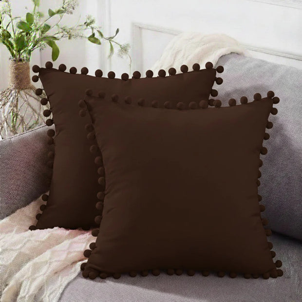 Pom Trim Cushion (Pair) - Brown / Cover only