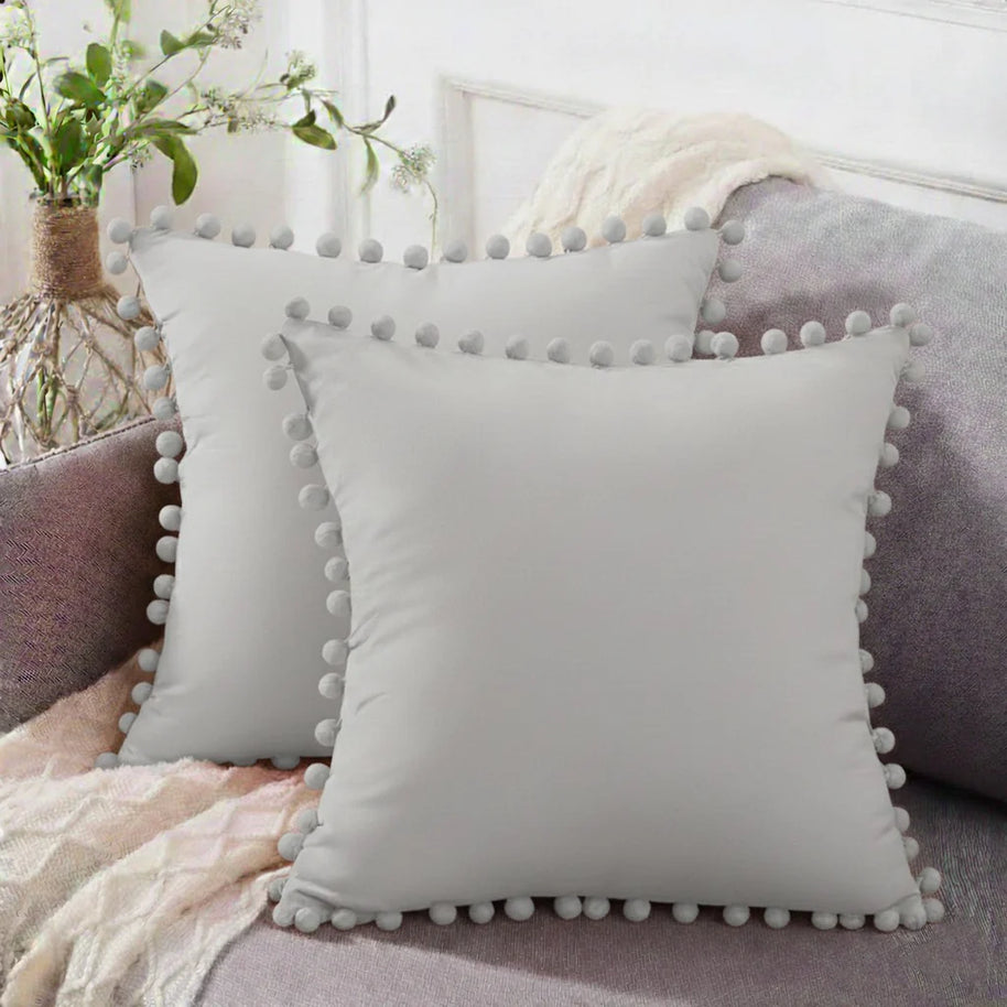 Pom Trim Cushion (Pair) - Grey / Cover only