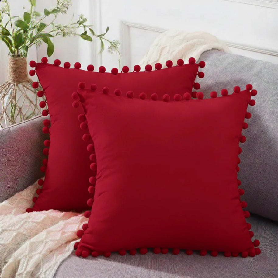 Pom Trim Cushion (Pair) - Red / Cover only