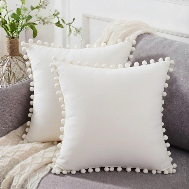 Pom Trim Cushion (Pair) - White / Cover only