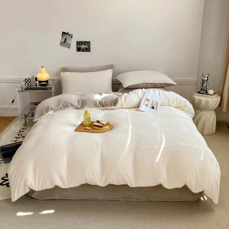 Reversible Duvet Set Velvet - King (6 pcs) / white & beige