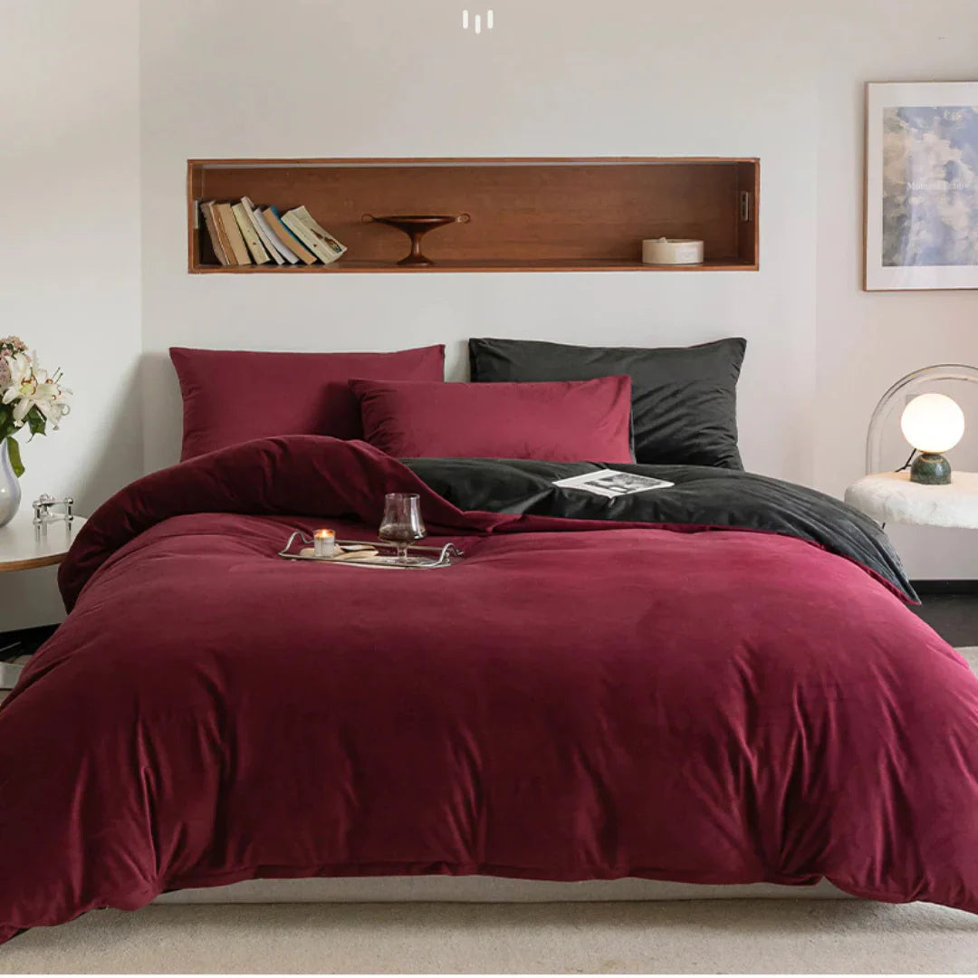 Reversible Duvet Set Velvet - King (6 pcs) / Red & Black