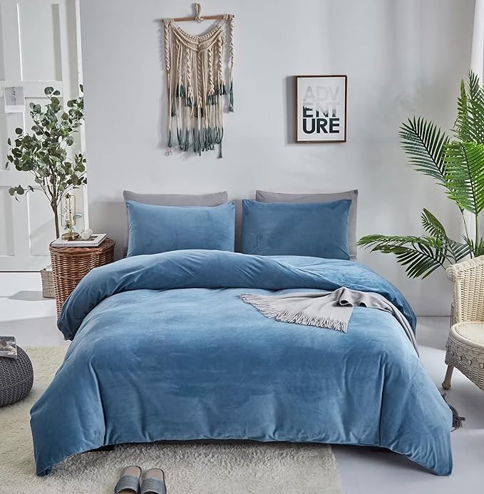 Reversible Duvet Set Velvet - King (6 pcs) / Lake Blue & Grey