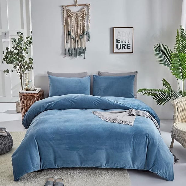 Reversible Duvet Set Velvet - King (6 pcs) / Lake Blue & Grey