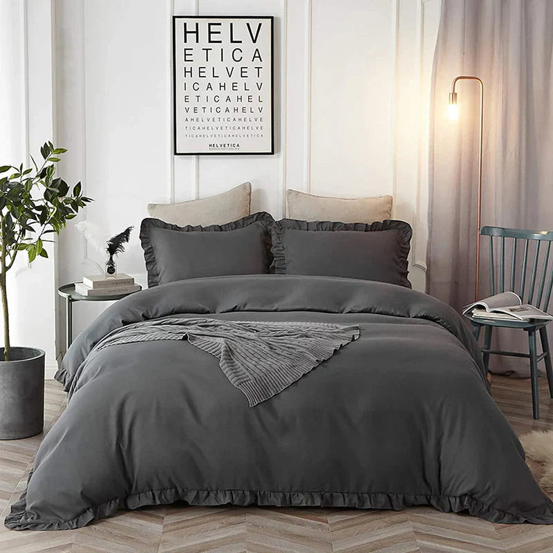 Ruffle Edge Duvet Set - 3 pcs - Dark Grey